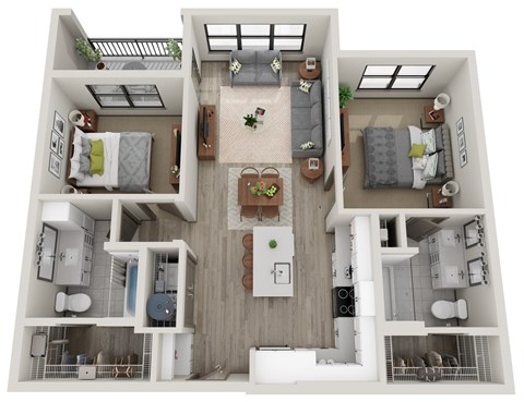 Floor plan for 2 beds, 2 baths, 973 sqft